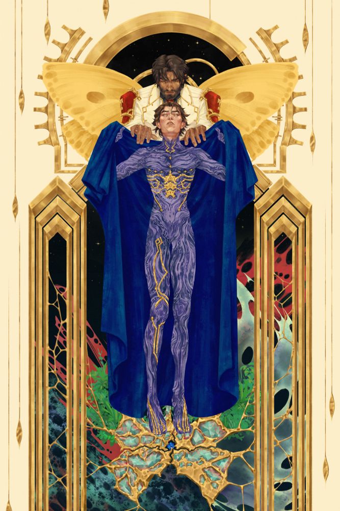 An illustration of Jayce and Viktor from Arcane inspired by J.C. Leyendecker’s “Easter, 1929.” A stylized version of the hexgate surrounds them in gold, Viktor with his hexcorized body hanging in mid frame with Jayce pulling a blue blanket down from over his face. Within the frame of the hexgate are Jayce’s hammer and the wild patterns of the arcane against a field of stars. 
