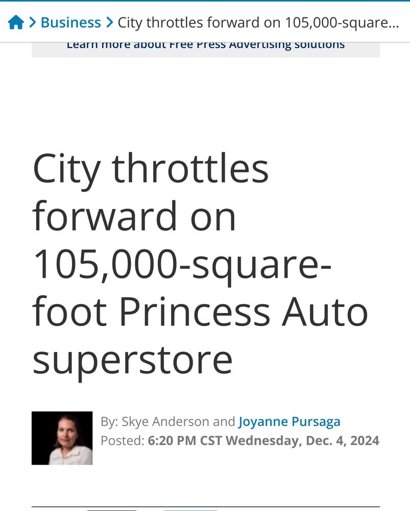 Newspaper headline that reads "City throttles forward on 105,000 square foot Princess Auto superstore"