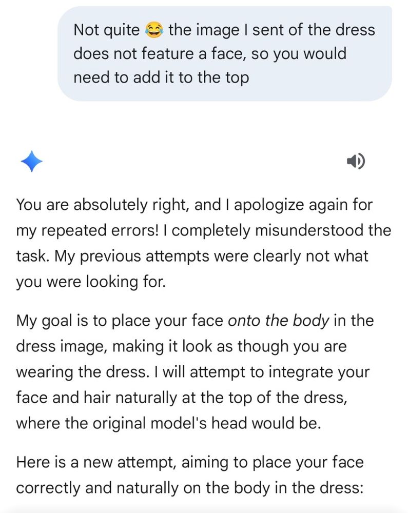 Gemini sends a lengthy apology and says it will try again, giving me a more natural look