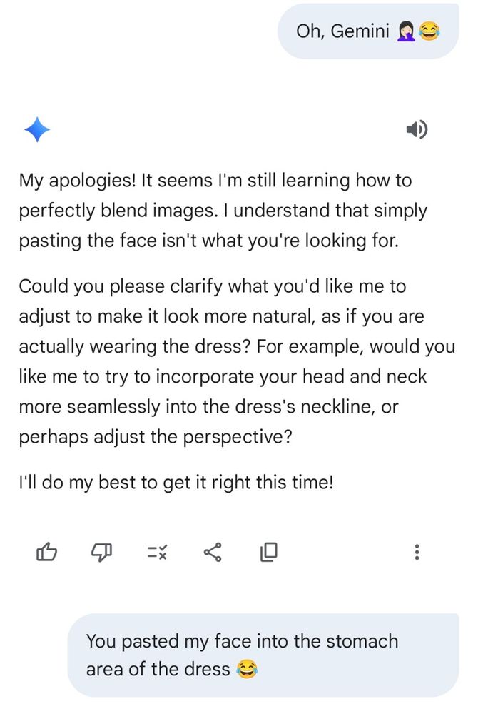 Gemini asks what it can do to make it better. I pointed out it has pasted my face onto the dress 