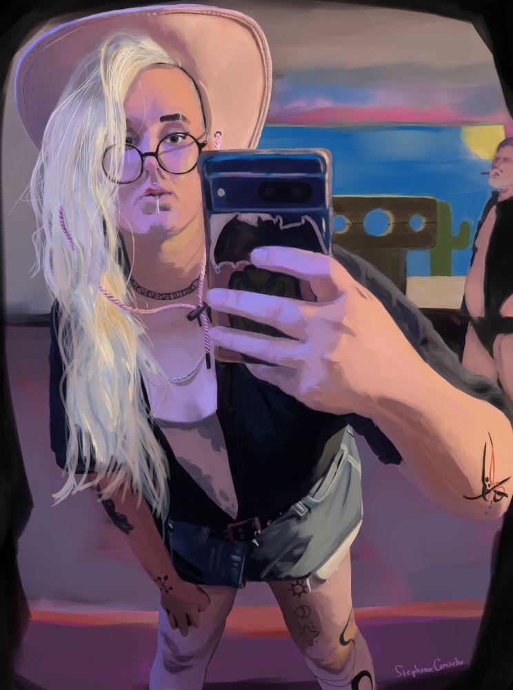 a digitally painted picture of a woman taking a selfie in a cowboy hat. There is a surreal background involving and old man in leather smoking a cigar.