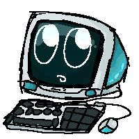 poor resolution simple doodle (drawn with reference!!!) of a blue imac g3 with a suprised face on its screen