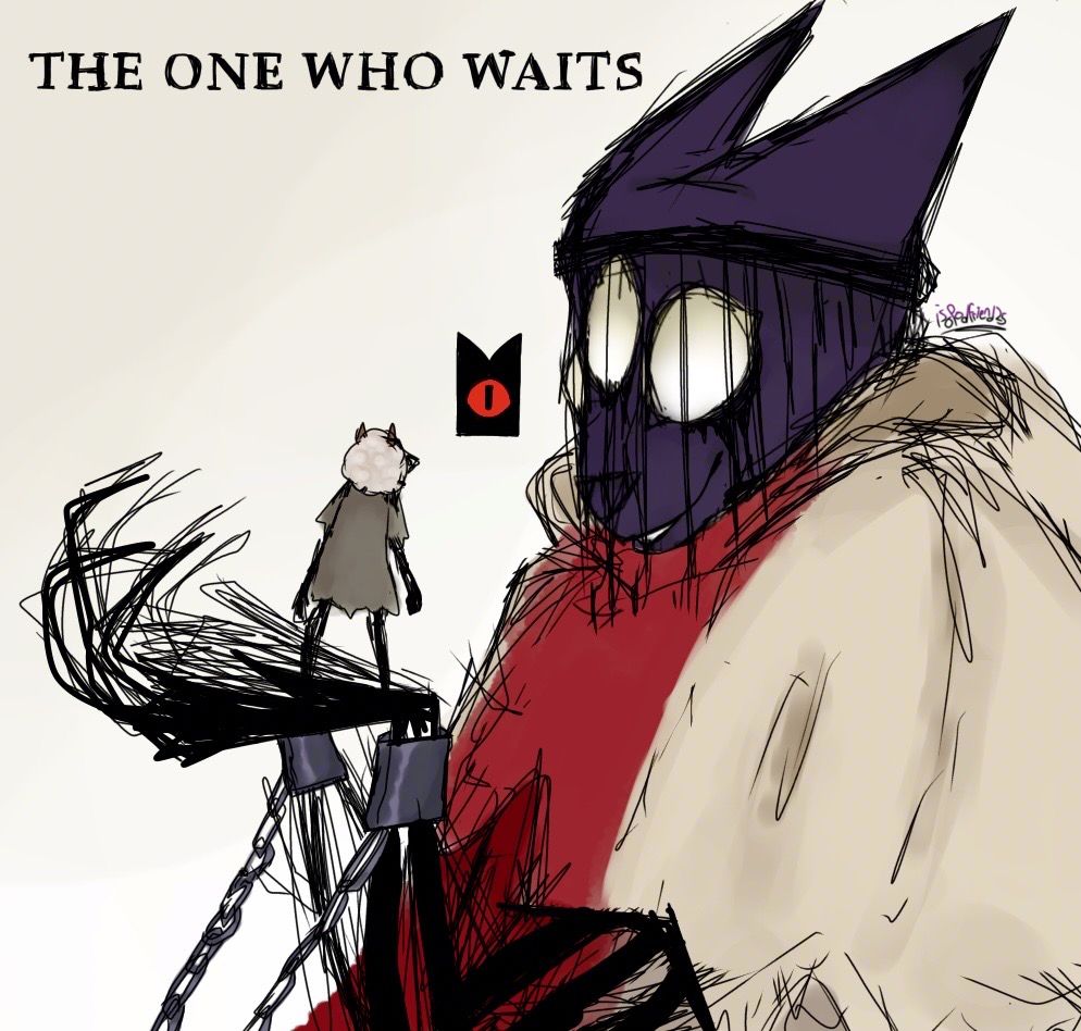 a digital art piece of the one who waits from cult of the lamb holding a teensy tiny lamb whose in their outfit at the beginning of the game which is all raggedy and uhhh yeah :D the crown is kinda just. there between the two because i couldn’t figure out what to do with it uhm. there’s also text that reads “the one who waits” i needed to fill up space lol
also the who waits’ eyes are all white and spooky ooooo (that’s the only reference image i had of him uhm)