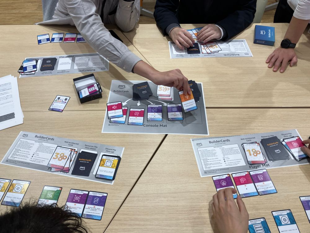 Builders playing the card and discussing architecture that one builder built