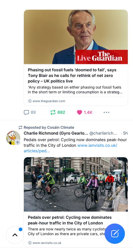 A screenshot of my timeline with Cadwaller’s post about Tony Blair’s fossil fuel lobbying directly above a post sharing a news article about how cyclists now dominate London’s rush hour traffic. 