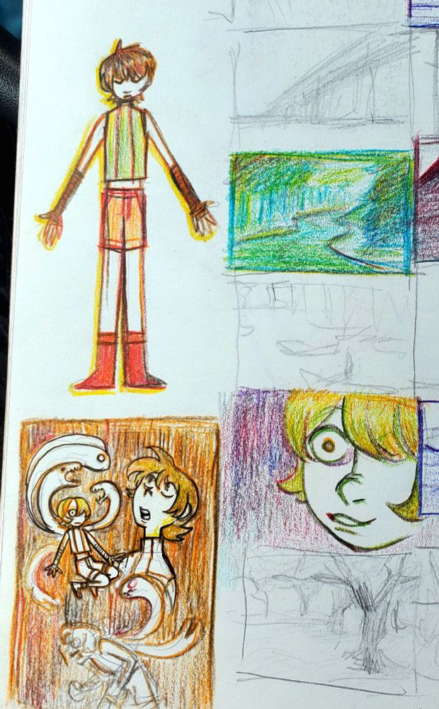 A collection of colored pencil sketches of my OC Toto (she/her) on one small sketchbook page. One is a full body reference, one is referencing the surreal aspects of her, and one is just a weird ass look she's giving you. Don't worry about that one.
Also there's some very shitty landscape study thumbnails.