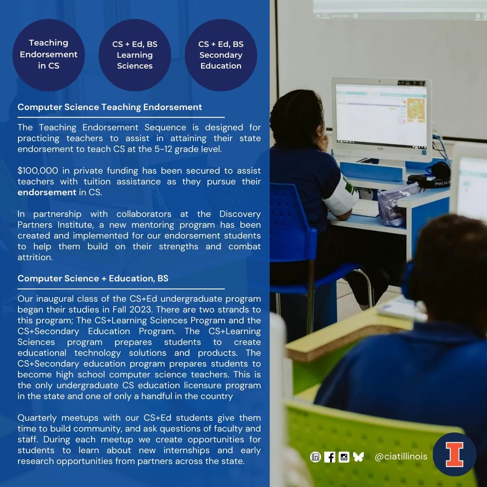 

This slide highlights the 3 programs. 

The Teaching Endorsement Sequence is designed for practicing teachers to assist in attaining their state endorsement to teach CS at the 5-12 grade level. 

$100,000 in private funding has been secured to assist teachers with tuition assistance as they pursue their endorsement in CS.

In partnership with collaborators at the Discovery Partners Institute, a new mentoring program has been created and implemented for our endorsement students to help them build on their strengths and combat attrition.
Our inaugural class of the CS+Ed undergraduate program began their studies in Fall 2023. There are two strands to this program; The CS+Learning Sciences Program and the CS+Secondary Education Program. The CS+Learning Sciences program prepares students to create educational technology solutions and products. The CS+Secondary education program prepares students to become high school computer science teachers. This is the only undergraduate CS education licensure program in the state and one of only a handful in the country!

Quarterly meetups with our CS+Ed students give them time to build community, and ask questions of faculty and staff. During each meetup we create opportunities for students to learn about new internships and early research opportunities from partners across the state.
