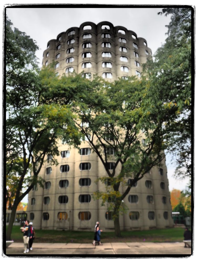 16-stoey concrete apartment tower with "bubbled" facade and horizontal oval windows. Trees in front provide shade to passing pedestrians.