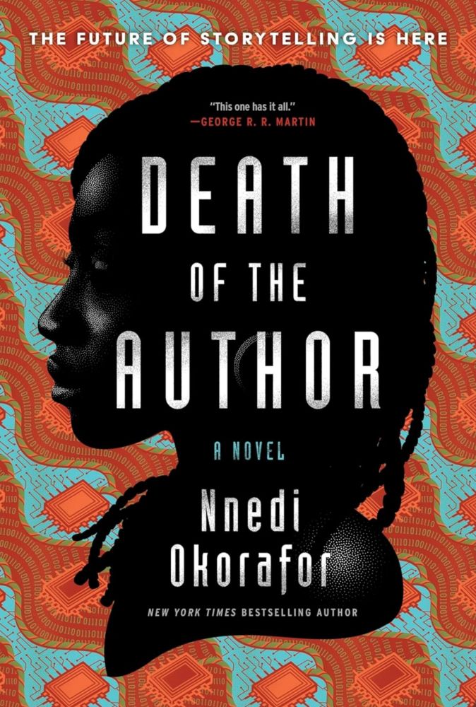 Cover image, Death Of The Author, by Nnedi Okorafor. Silhouette of beautiful young Nigerian woman, on blue and orange background. 