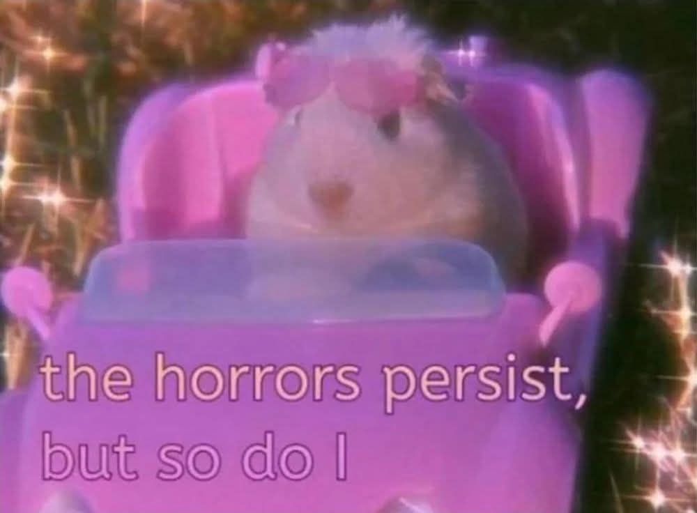 Image of hamster in pink toy car, wearing pink sunglasses. Text: the horrors persist, but so do I.