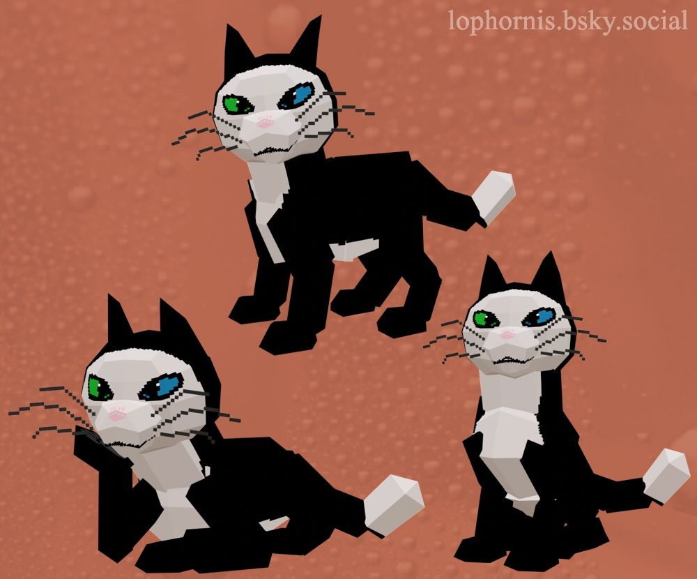 3 renders of a polygonal model of a cat, they're black and white with odd cookies eyes. In the first render, they're standing up, next they're laying down with their head leaning on their paw, and last, sitting down.