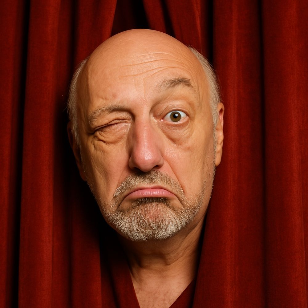 Ein Mann der aussieht wie eine Mischung aus Karl Dall und Pixeljunkie schaut aus einem roten Theater Vorhang hervor. 