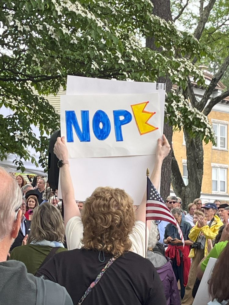 Protest sign that says "NOPE" but the "E" is a sideways crown.
