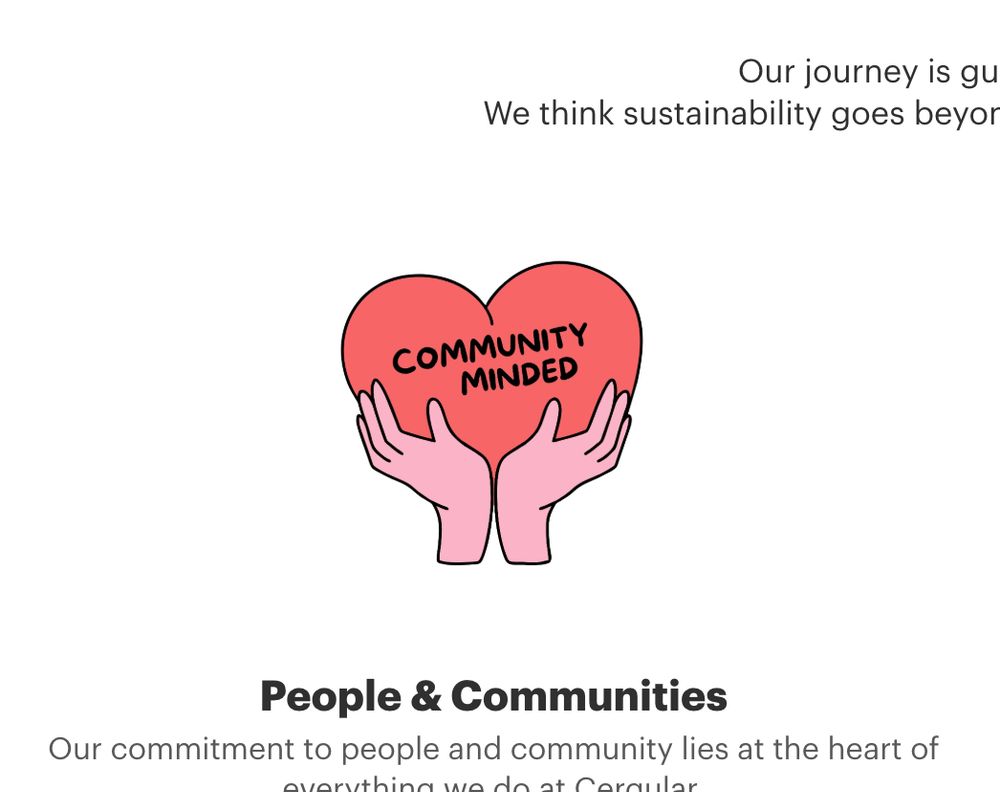 screenshot from a website About page talking about how people and community lies at the heart of everything they do, with an illustration of two hands really going at a big bulging, buxom heart