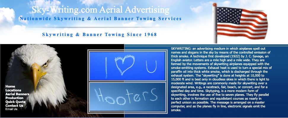 screenshot of a sky writing website, sky-writing.com. there's a waving american flag, an angry bald eagle, a huge screed of text, and two example images of words written in the sky, one that says "I (heart) you" and the other says "Hooters"