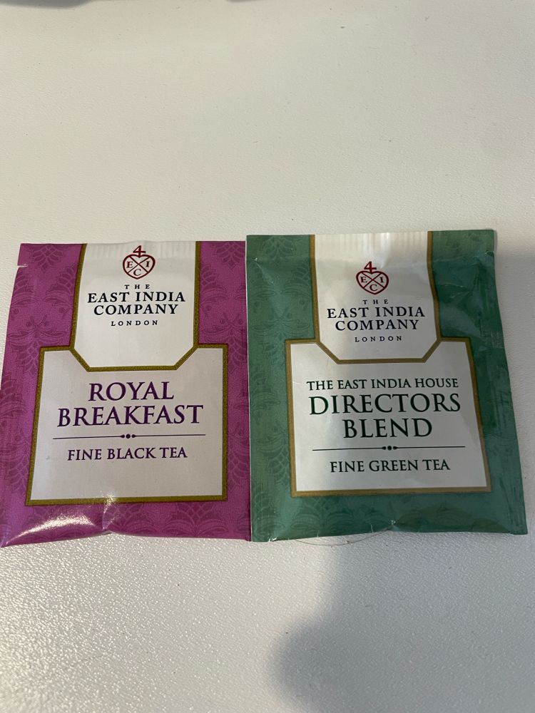 Coffee bags from a brand called „East India company“. Flavours are called royal breakfast and directors blend.