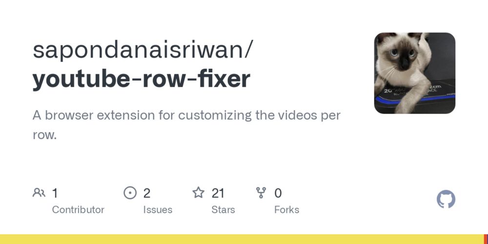 GitHub - sapondanaisriwan/youtube-row-fixer: A browser extension for customizing the videos per row.