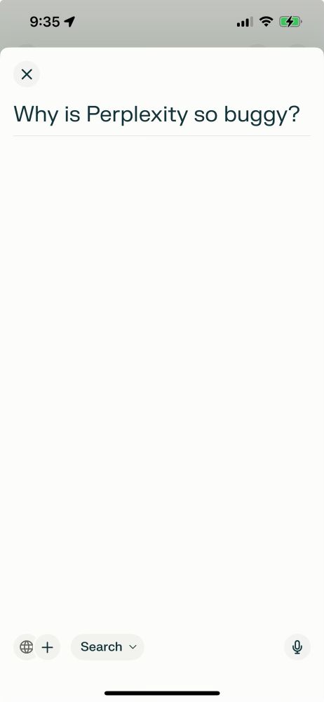 iOS Perplexity.app Spaces search screen has lost its submit button. 