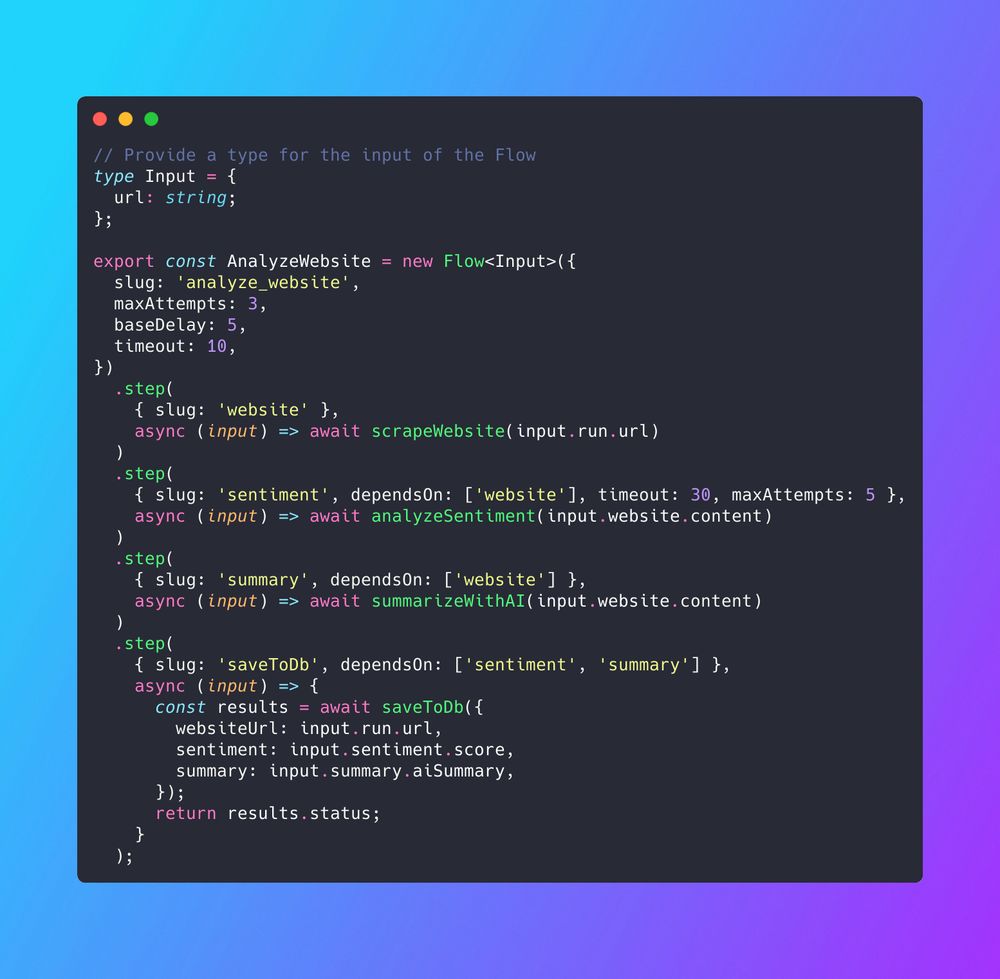 Example code snippet:

// Provide a type for the input of the Flow
type Input = {
  url: string;
};

export const AnalyzeWebsite = new Flow<Input>({
  slug: 'analyze_website',
  maxAttempts: 3,
  baseDelay: 5,
  timeout: 10,
})
  .step(
    { slug: 'website' },
    async (input) => await scrapeWebsite(input.run.url)
  )
  .step(
    { slug: 'sentiment', dependsOn: ['website'], timeout: 30, maxAttempts: 5 },
    async (input) => await analyzeSentiment(input.website.content)
  )
  .step(
    { slug: 'summary', dependsOn: ['website'] },
    async (input) => await summarizeWithAI(input.website.content)
  )
  .step(
    { slug: 'saveToDb', dependsOn: ['sentiment', 'summary'] },
    async (input) => {
      const results = await saveToDb({
        websiteUrl: input.run.url,
        sentiment: input.sentiment.score,
        summary: input.summary.aiSummary,
      });
      return results.status;
    }
  );

