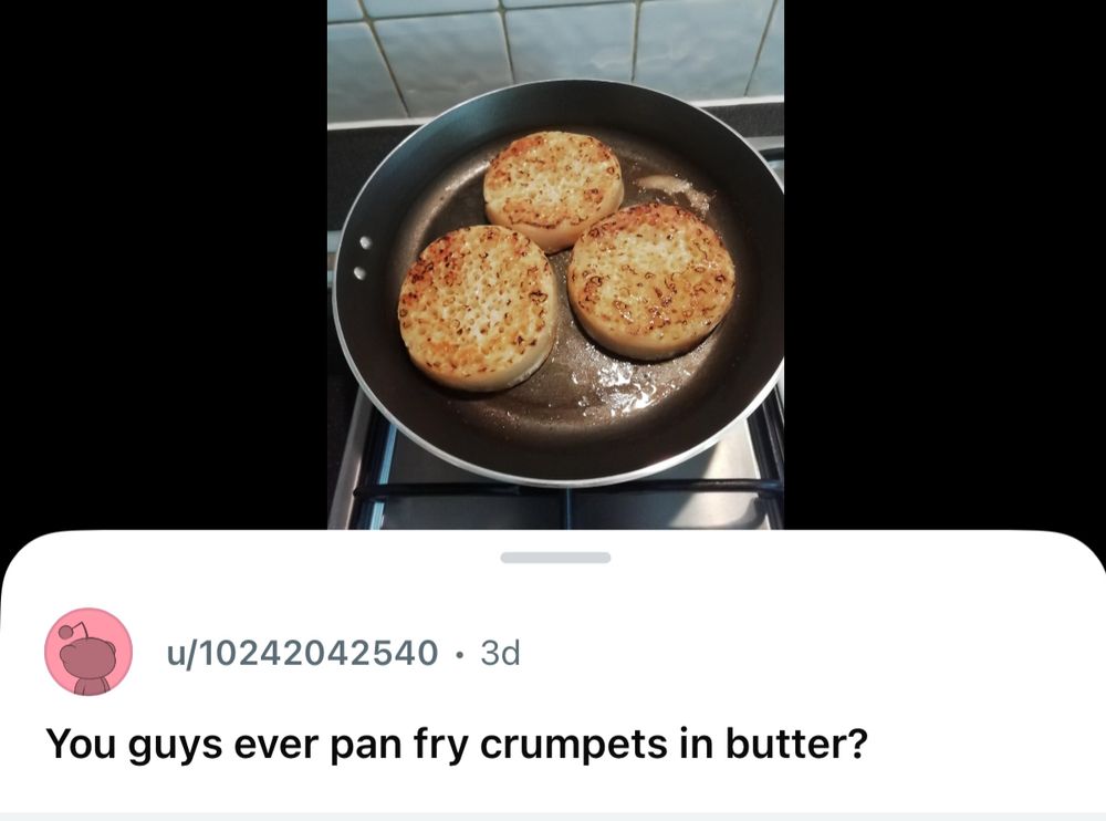 Screenshot from Reddit of a thread titled ‘you guys ever pan fry crumpets in butter?’ with a picture of delightful and fatty looking crumpets in a frying pan