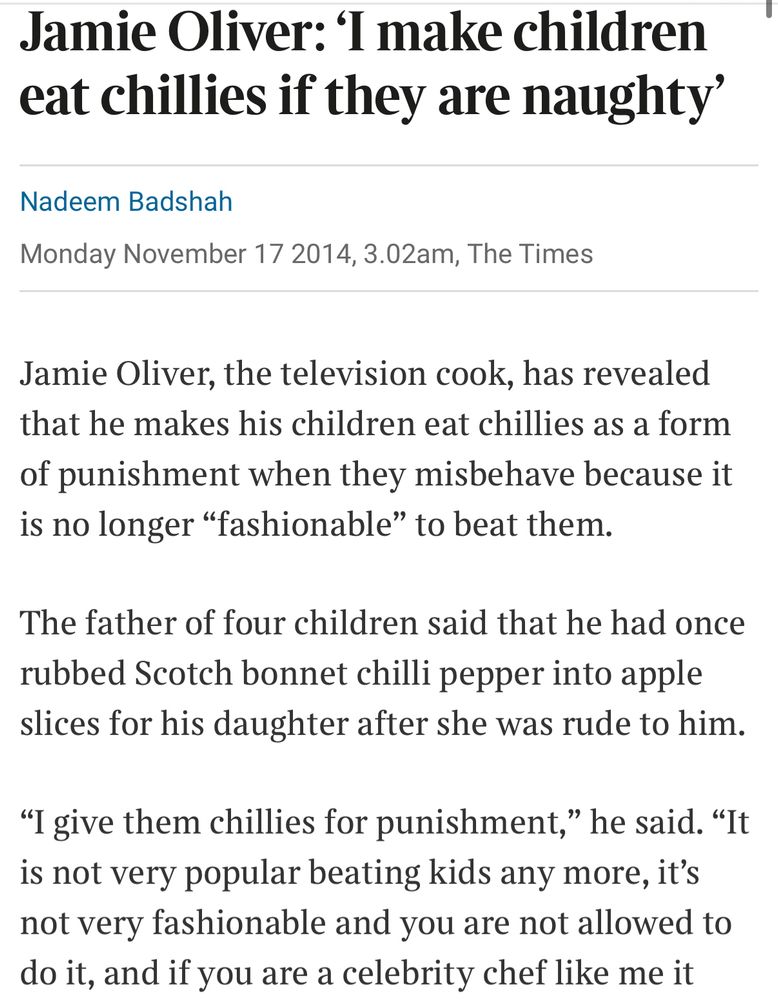 Screenshot of news article: Jamie Oliver: ‘I make children eat chillis if they are naughty’ 