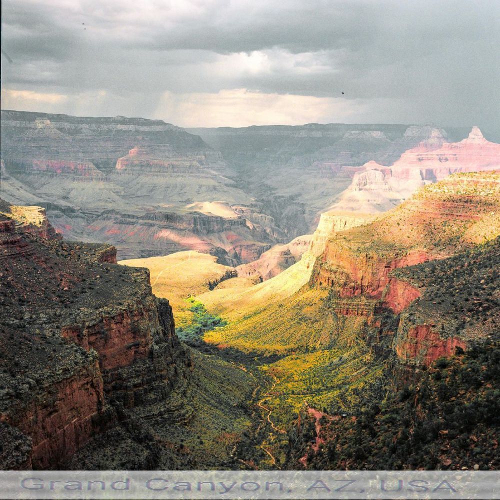 The image captures a breathtaking view of the Grand Canyon, showcasing its vast and intricate landscape. Layered rock formations in various shades of red, brown, and gray stretch out into the distance, revealing the canyon's depth and complexity. Vegetation, including patches of green shrubs and trees, is visible along the canyon floor and cliffs. The sky above is overcast, casting a soft, diffused light over the scene and enhancing the natural colors of the canyon. The perspective highlights the immense scale and grandeur of the geological formations. At the bottom, a caption reads "Grand Canyon, AZ, USA".