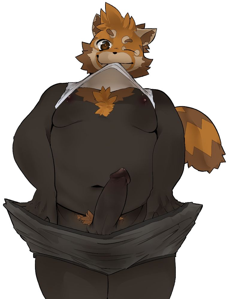 Red Panda slipping underwear off. He's lifting up his undershirt also.