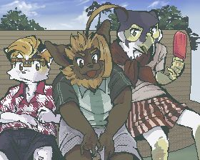 An anthropomorphic cat, bat, and peregrine falcon enjoying the summer breeze on a bench outdoors.