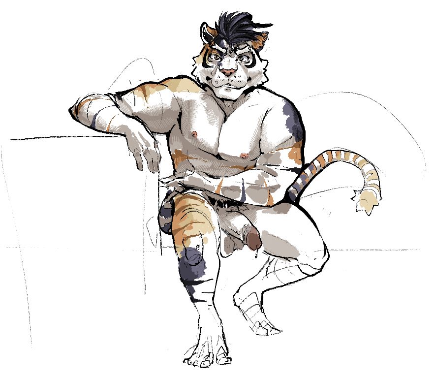 Nude tiger man with calico cat colors/markings.