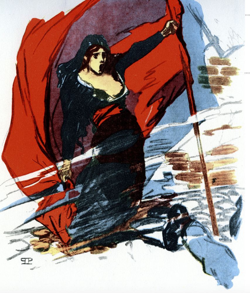 Représentation de la Commune de Paris sous les traits d'une femme porteuse d'un drapeau rouge qui l'enveloppe alors qu'elle va mourir sous la mitraille. Une œuvre de Théophile Steinlen