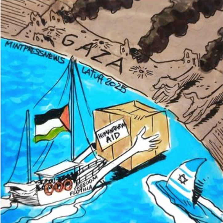 Dessin représentant le voilier de la flottille avec des bras chargé de caisses d'aide qui se tendent vers la terre de Gaza dévastée tandis que s'approche l'aileron d'un requin avec le drapeau israélien.