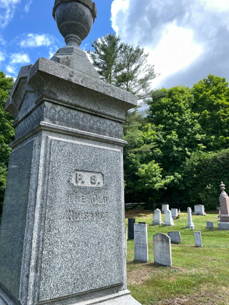 19th century tombstone inscribed "The Old Nuisance" in Old Calais Cemetery, Vermont.