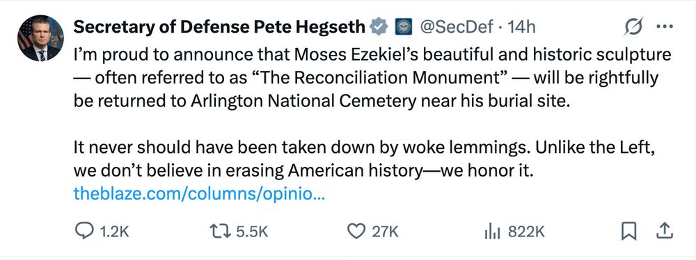 Peter Hegseth tweet announcing reinstallation of Arlington Confederate Monument