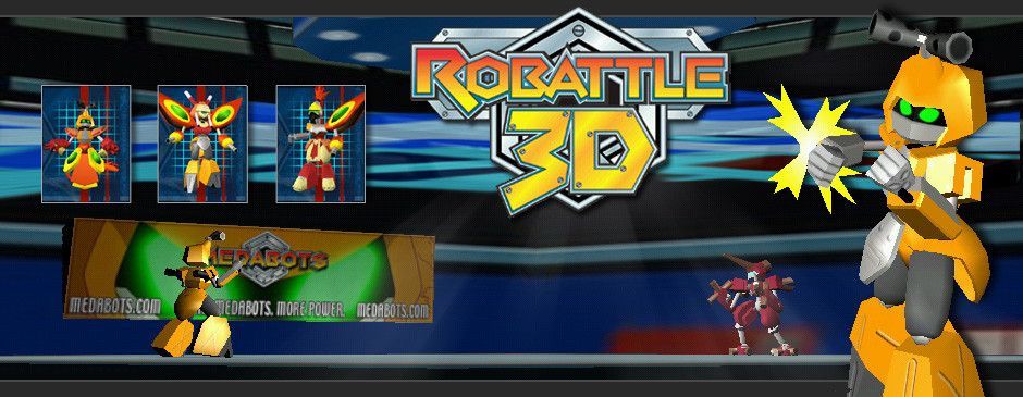 A collage of images from Medabots: Robattle 3D, a 3D browser game that was part of the original Medabots.com experience by Nelvana, promoting the North American version of the Medabots anime series.