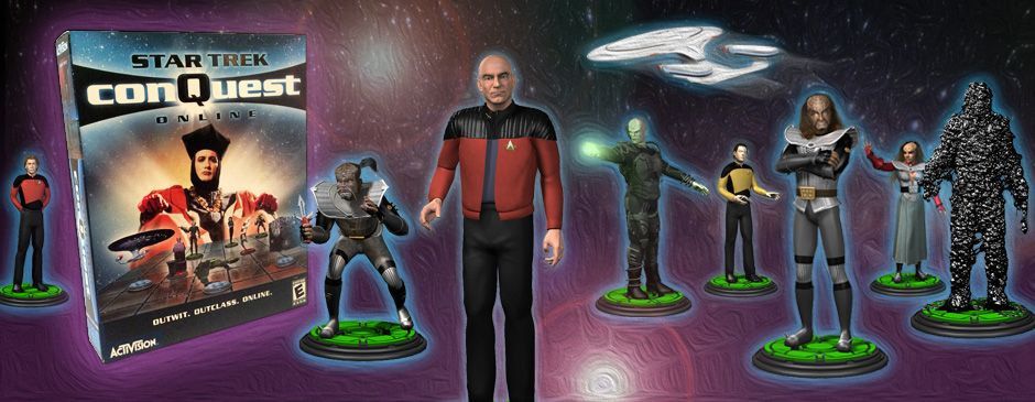 A collage of rendered miniatures from the game Star Trek: Conquest Online published in 2000. Captain Picard is in the center flanked by Klingons, Borg, and other alien species. The retail box for the game, featuring Q, is pictured.