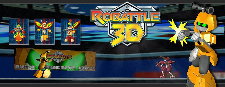 A collage of graphics from the game Medabots: Robattle 3D, an online game from 2002. Orange Metabee and burgundy Arcbeetle face off in the arena. 