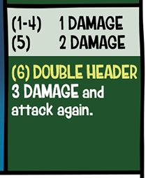 Flip & Flop's attacks:
(1-4) 1 DAMAGE
(5) 2 DAMAGE
(6) DOUBLE HEADER
3 DAMAGE and attack again.
