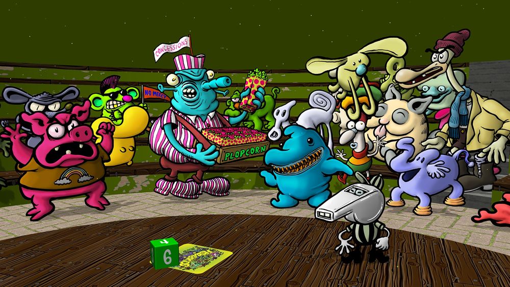 From Squirmish: The Videogame

These are fans, spectators and crew from the game. Prominently featured here is the Poonut Vender who relentlessly hawks a variety of disturbing snacks.