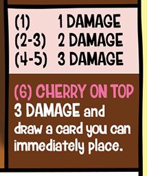 Cupcake's attacks:
(1) 1 DAMAGE
(2-3) 2 DAMAGE
(4-5) 3 DAMAGE
(6) CHERRY ON TOP
3 DAMAGE and draw a card you can immediately place.