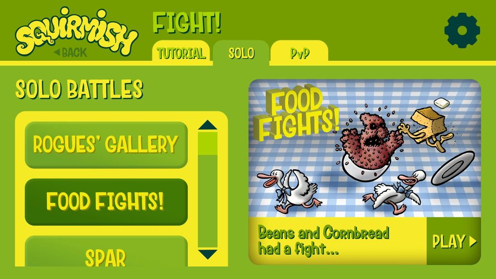 The SOLO BATTLES page in Squirmish: The Videogame. The currently selected solo module is FOOD FIGHTS!