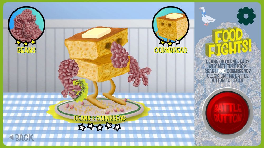 Screenshot from Squirmish: The Videogame showing the lobby for Food Fights! -  3-course solo battle experience.

Features 3 anthropomorphic opponents: a figure made of baked beans, another a cube pf cornbread, and the third, a mashup of the others.

BEANS, CORNBREAD, and BEAND & CORNBREAD.