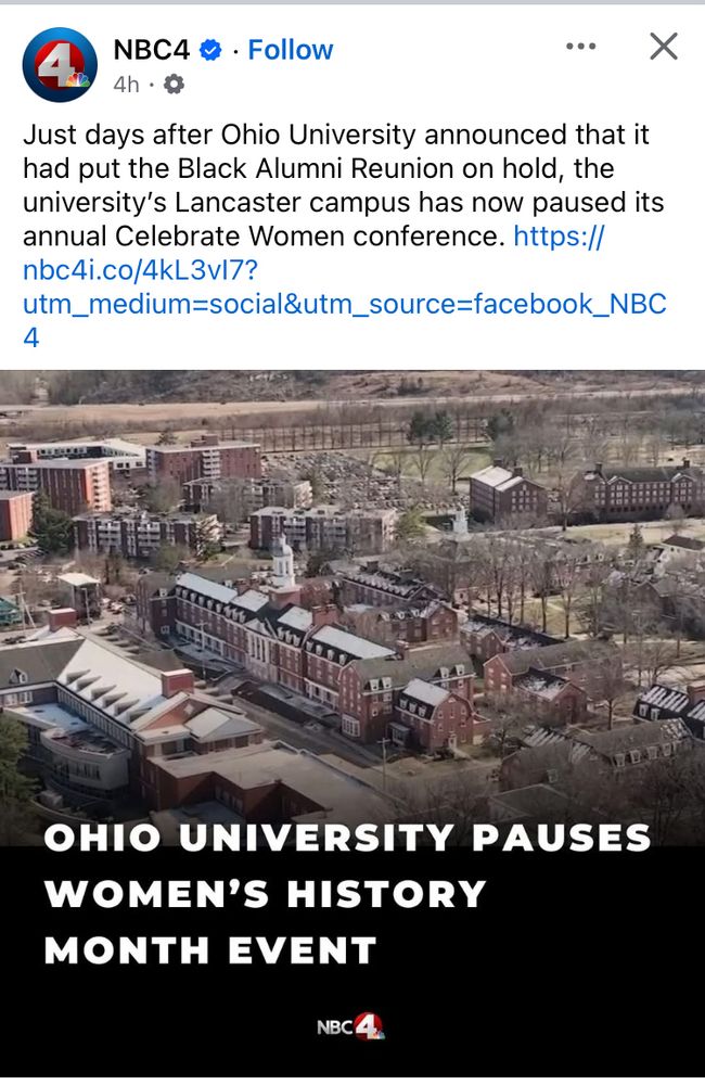 A screenshot of a new story regarding Ohio University canceling Events related to diversity equity and inclusion.