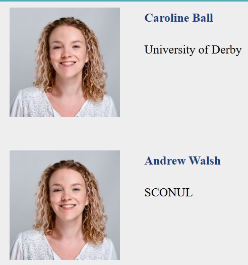 Photo of Caroline Ball and identical photo of Andrew Walsh looking equally smiley