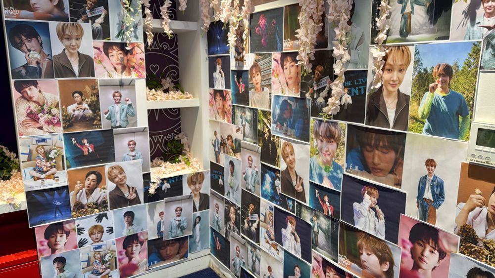two walls completely covered in printed out images of shinee’s onew

there are also some white/light pink flower garland decorations hanging from the ceiling and on the shelves.