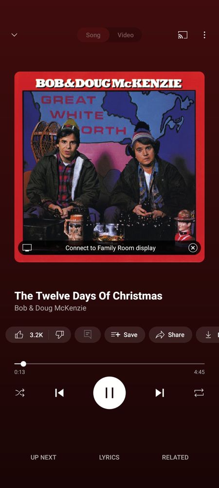 A screenshot of a music app, showing Bob & Doug Mckenzie  from great white north singing 12 days of Christmas