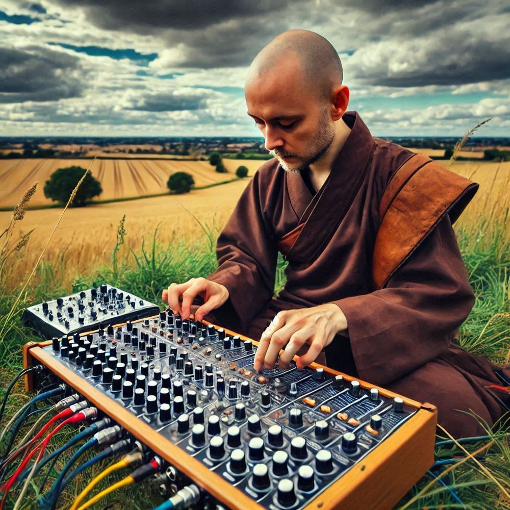 AI-generated image of Zen Buddhist monk playing a synthesizer in a field.
