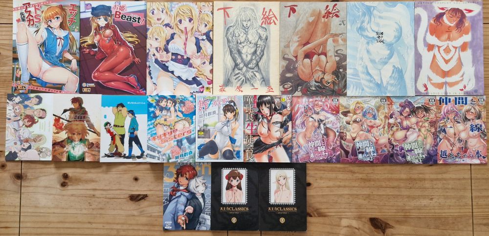 The rest of my big japanese doujins (7) from ReDrop, Sage joh and Hagiwara Kazushi, with all my smalls doujins (10) from Mimoneland, Tendo Ju, Tendo Ju and all my japanese tankoubon (3) from Gunma Kisaragi and Inomaru.