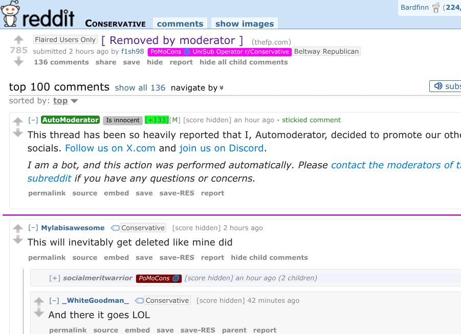 Screenshot of the comments of the [Removed by moderator] link on r/Conservative, top comment by u/Mylabisawesome "This will inevitably get deleted like mine did" and under it another comment "And there it goes LOL"