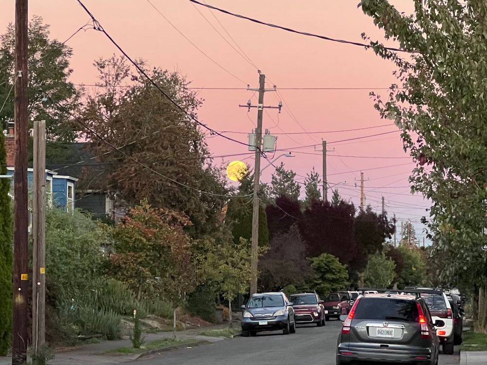 photo of a an urban neighborhood street with power poles and power lines. rising harvest super moon in the background.