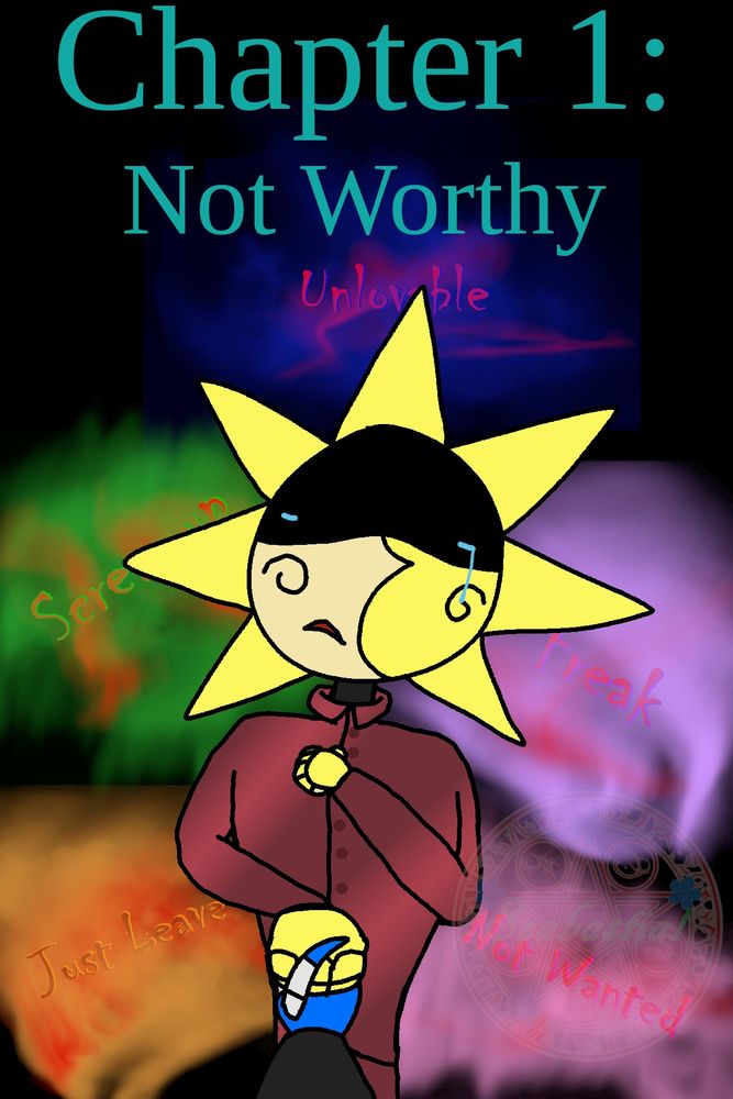 cover art for the first chapter of my new fic 'Hard To Accept'. It depicts Dark Sun grabbing new Moon's hand while clouded words from Dark Sun's past haunts him